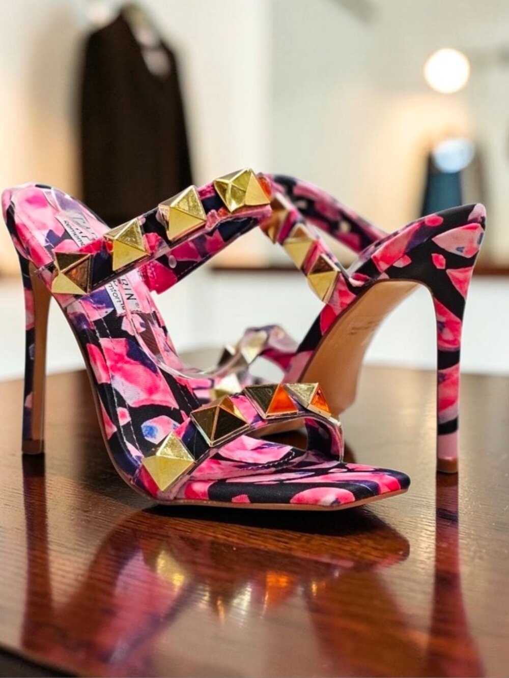 Pink & Gold Studded High Heel Sandals With Floral Pattern Open Toe Stiletto Heel